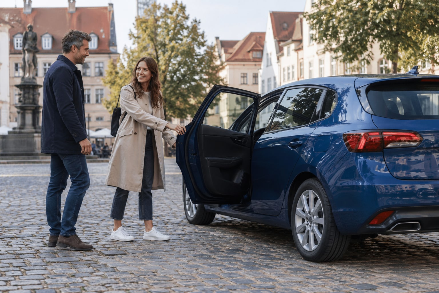 Autoversicherung der Bayerischen: Prävention und passende Kaskoleistungen gemeinsam planen. Paar an der geöffneten hinteren Tür eines blauen Autos auf einem gepflasterten Platz