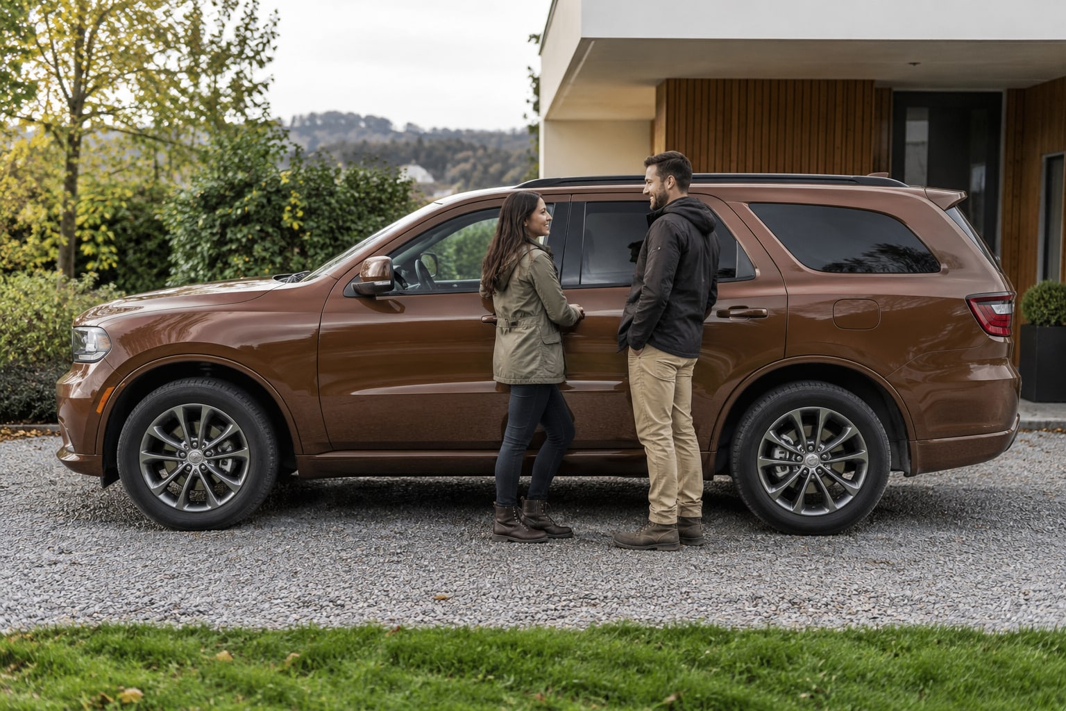 Brauner großer SUV vor einem Wohnhaus: Dodge Durango Autoversicherung für die Motorstufe