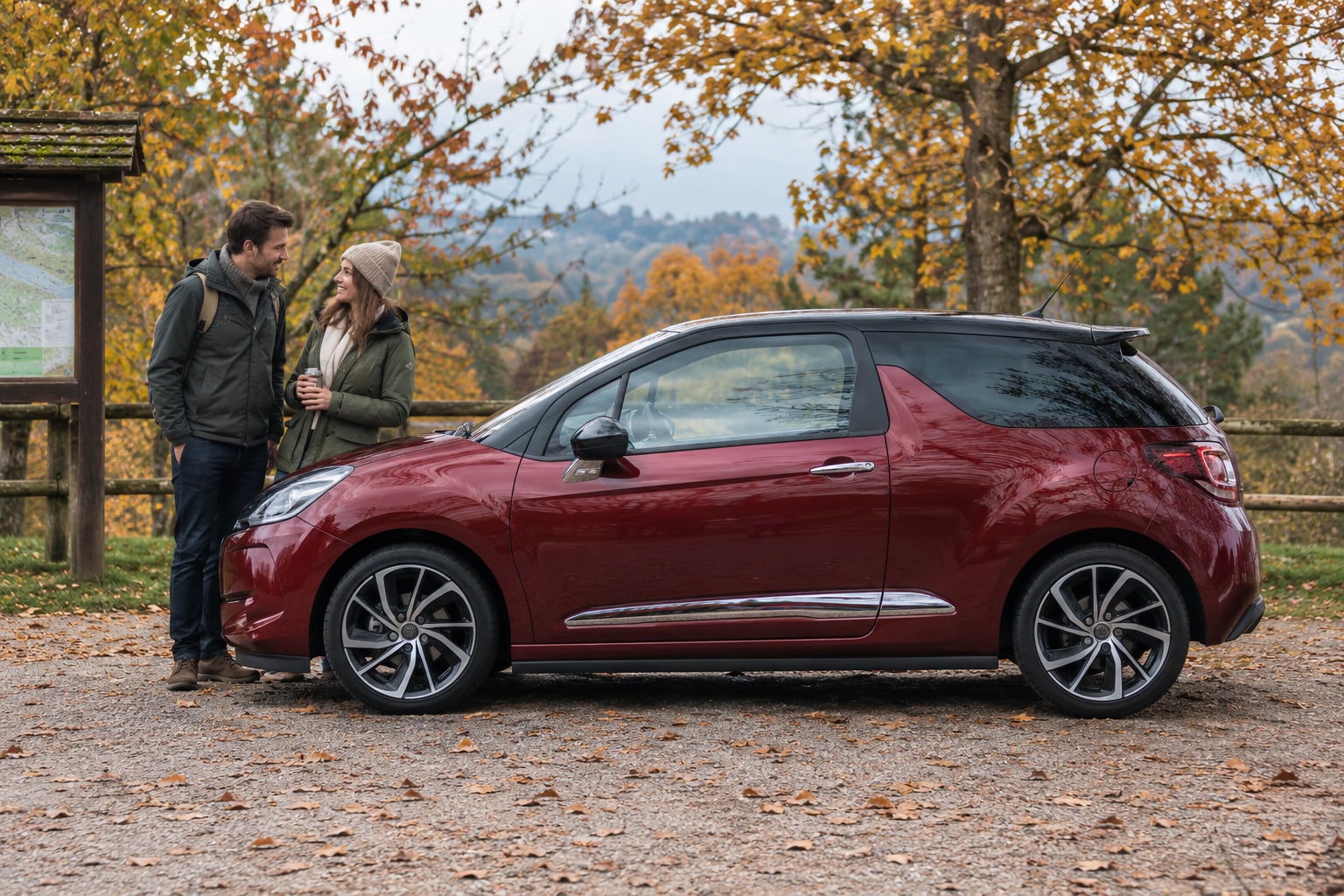 DS Kfz-Versicherung: Welche Deckung passt zu Elektroantrieb, Plug-in-Hybrid und hochwertiger Ausstattung? Roter Kompakt-Crossover im herbstlichen Garten: DS Kfz-Versicherung für Premiumfahrzeuge