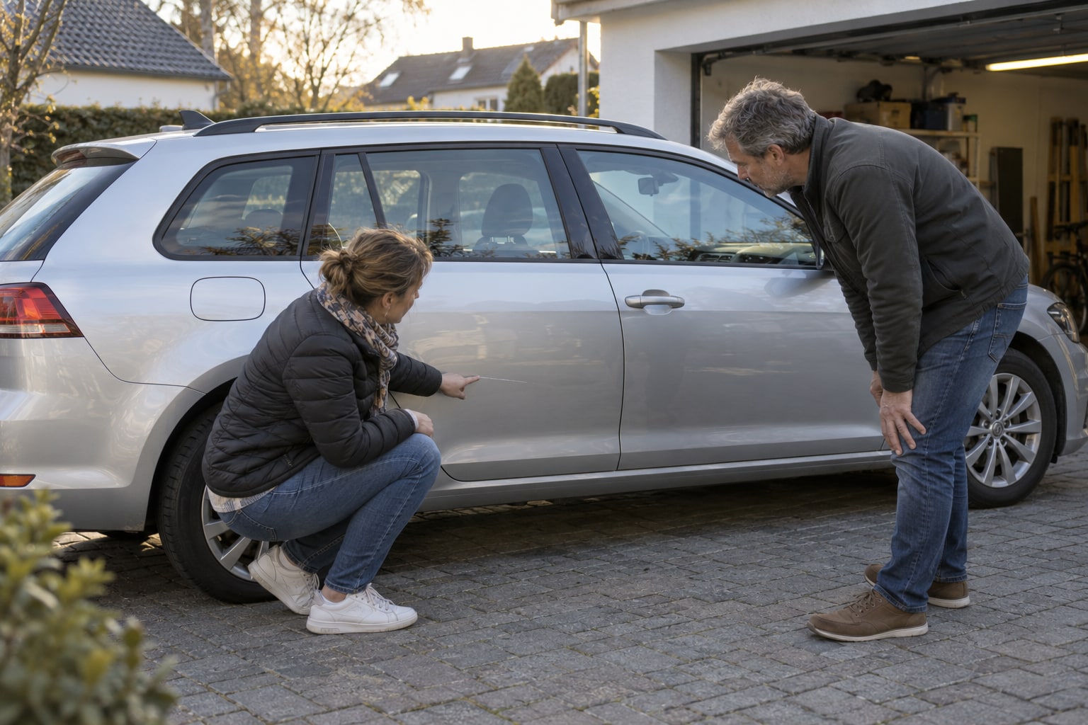 ERGO Direkt Kfz-Altvertrag: Paar betrachtet eine Beschädigung an der Tür eines silbernen Kombis