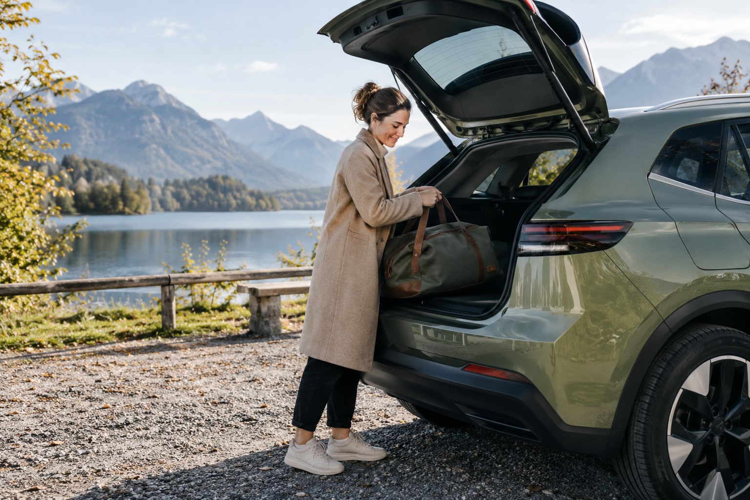 EUROPA-go Kfz-Versicherung: Digitale Verwaltung und die gewünschte Kaskostufe bewusst auswählen. Frau legt eine Tasche in den Kofferraum eines grünen SUV am Bergsee