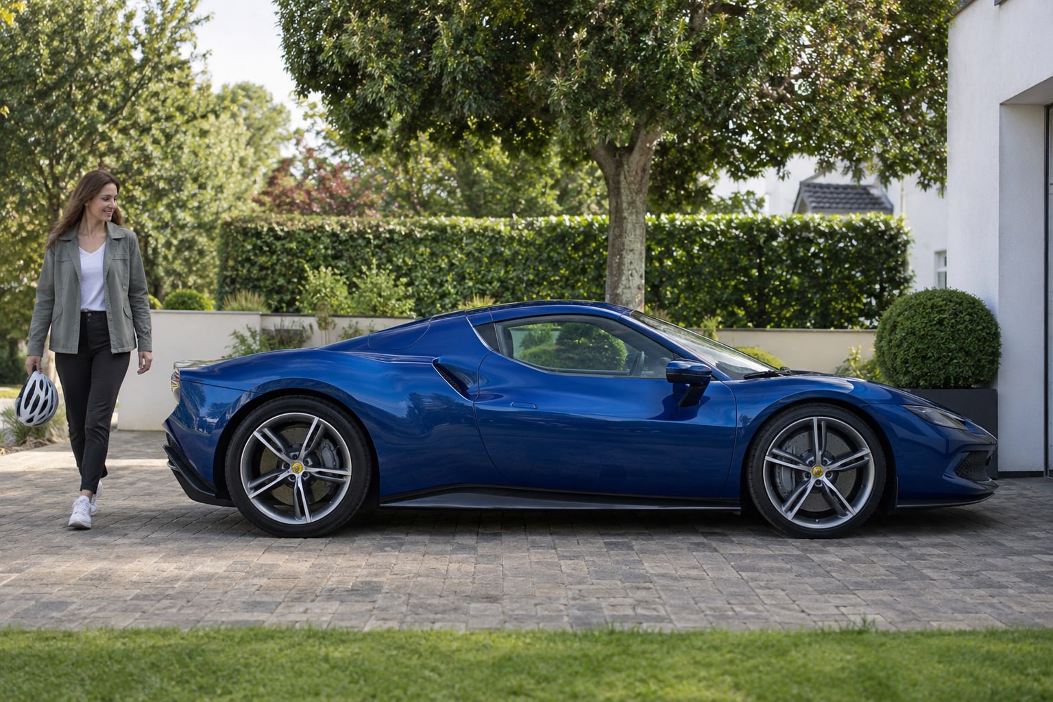 Ferrari Kfz-Versicherung: Fahrzeugwert, Sonderausstattung und vorgesehene Nutzung als Grundlage der Kaskowahl. Blauer flacher Sportwagen vor einer Villa: Ferrari Kfz-Versicherung mit individuellem Wertschutz