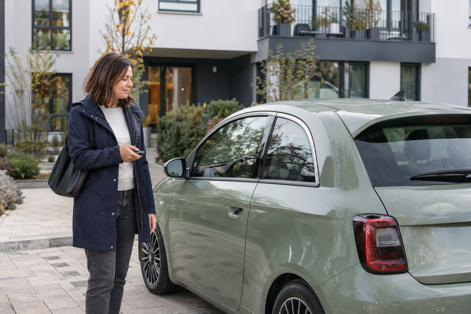 Fiat Kfz-Versicherung: Welche Leistungen gehören zum Auto, welche zur Finanzierung? Frau liest Fahrzeugunterlagen neben einem hellgrünen Kleinwagen