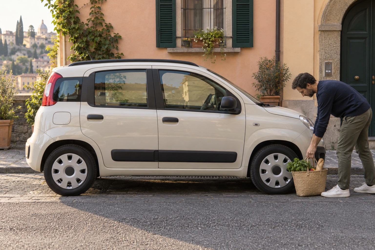 Cremefarbener kleiner Hochdach-Stadtwagen vor einem Wohnhaus: Fiat Kfz-Versicherung für die passende Baureihe