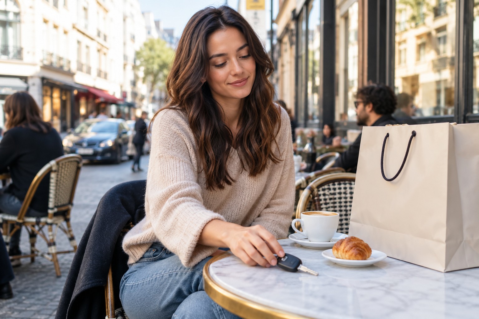 firefly Modelle und Kaskoschutz Frau mit Autoschlüssel und Einkaufstasche an einem Café-Tisch