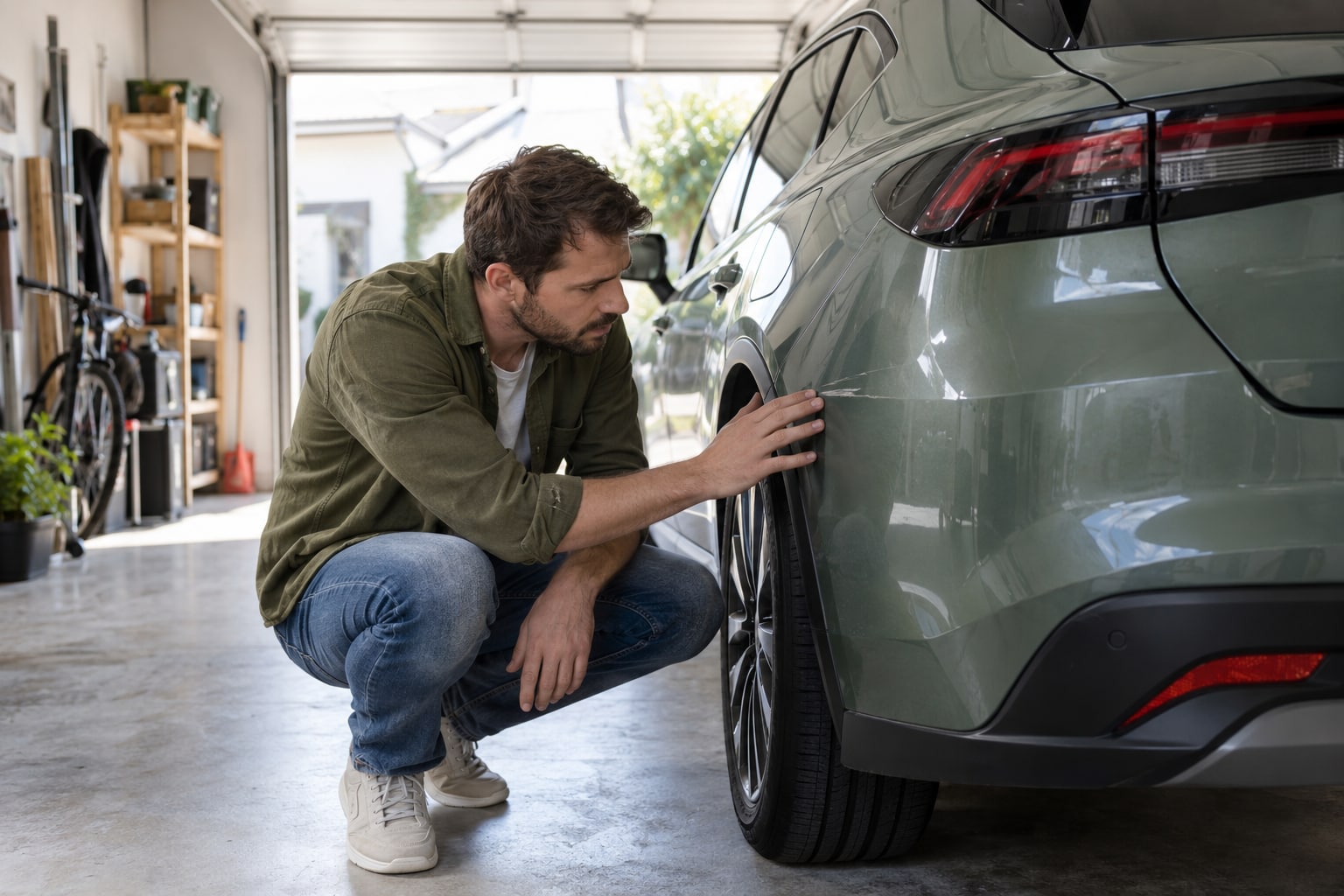 Ford Autoversicherung: Welche Zusatzbausteine lohnen sich für einen neuen Pkw? Mann betrachtet das Hinterrad eines graugrünen Kompaktwagens in einer Stadtstraße