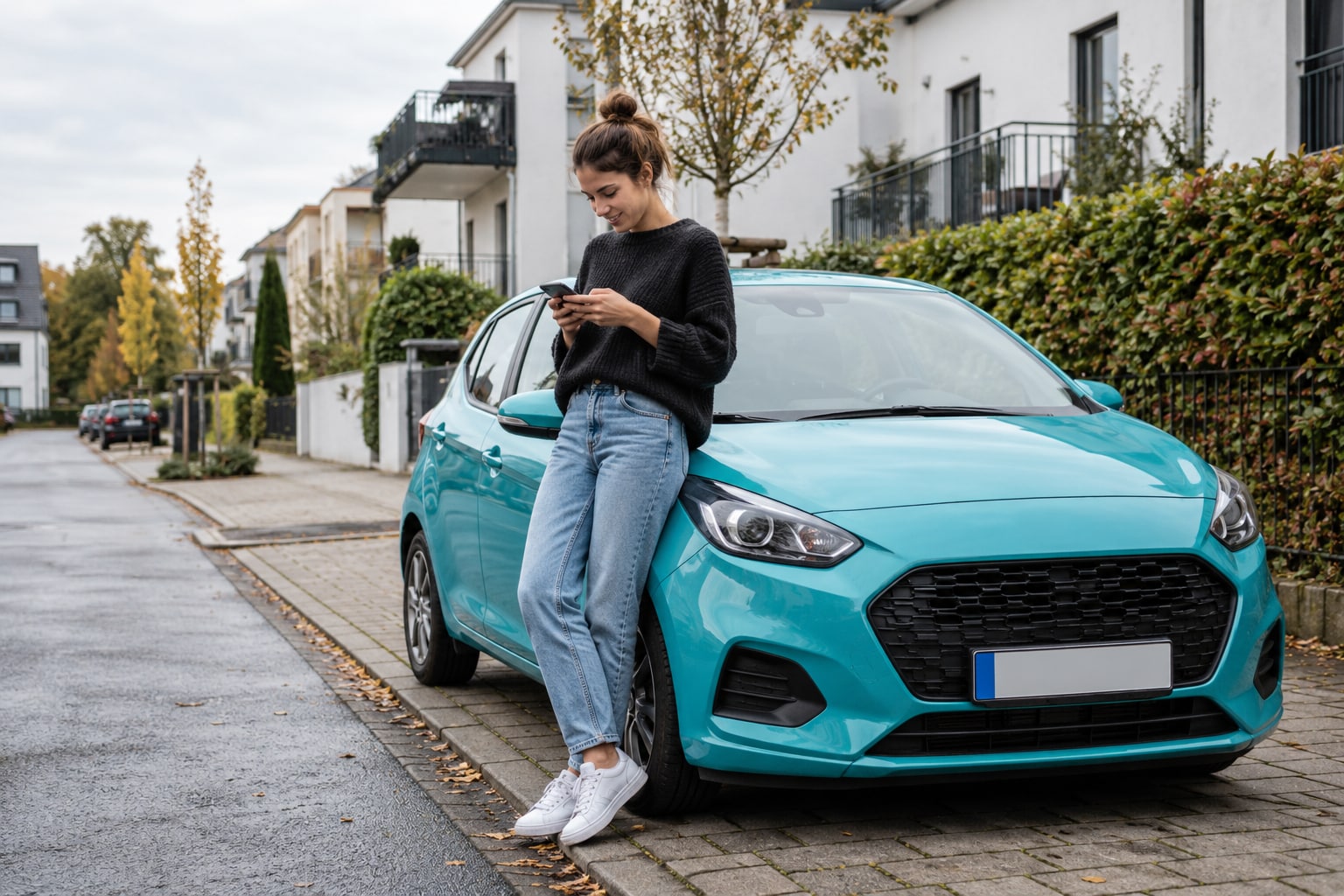 Getsafe Kfz-Altvertrag: App, Versicherungsunterlagen und bestätigten Schadenverlauf gemeinsam prüfen. Getsafe Kfz-Altvertrag: Junge Frau nutzt ihr Smartphone neben einem türkisfarbenen Kleinwagen