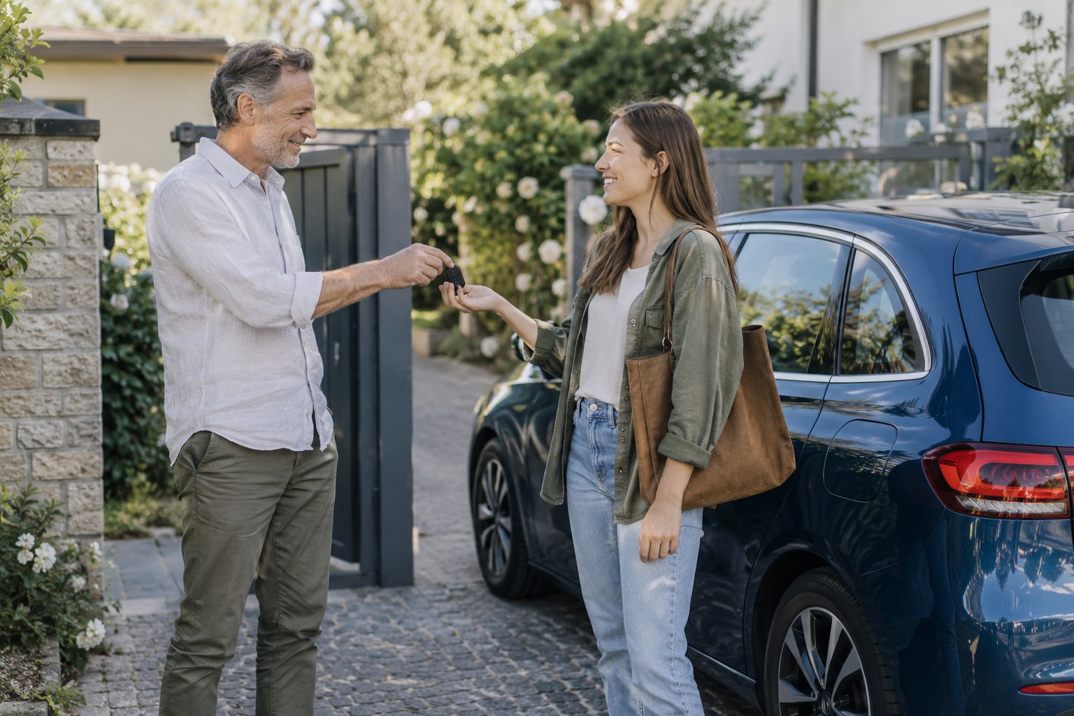GHV Autoversicherung: Beim Anhänger auch die Versicherung des Zugfahrzeugs berücksichtigen. Mann übergibt einer Frau einen Autoschlüssel neben einem blauen Kombi