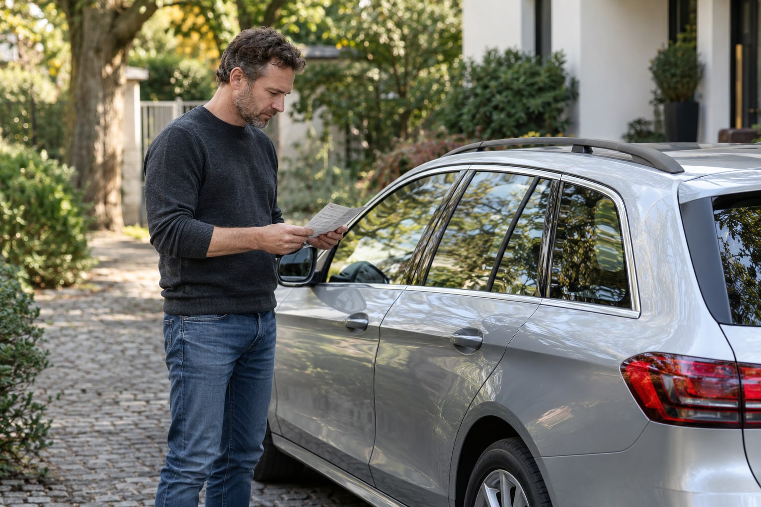 Gothaer Autoversicherung: Mann liest Unterlagen neben einem silbernen Kombi auf einer baumbestandenen Einfahrt