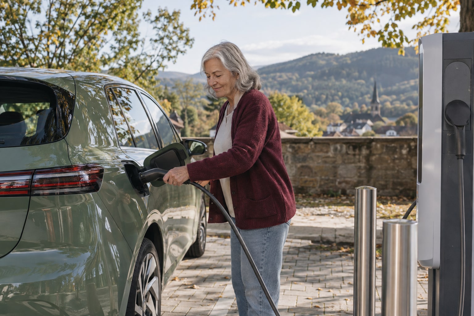 Frau lädt ein grünes Elektroauto an einer Ladestation mit Bergblick
