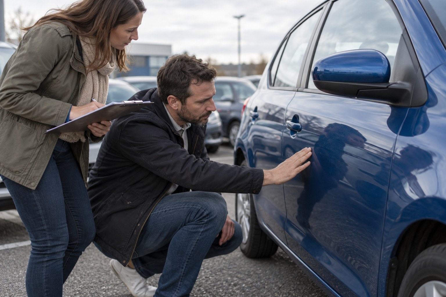 Ein günstiger Beitrag hilft, wenn auch die Leistungen zur Nutzung des Autos passen. Zwei Erwachsene prüfen einen blauen Gebrauchtwagen auf einem Parkplatz
