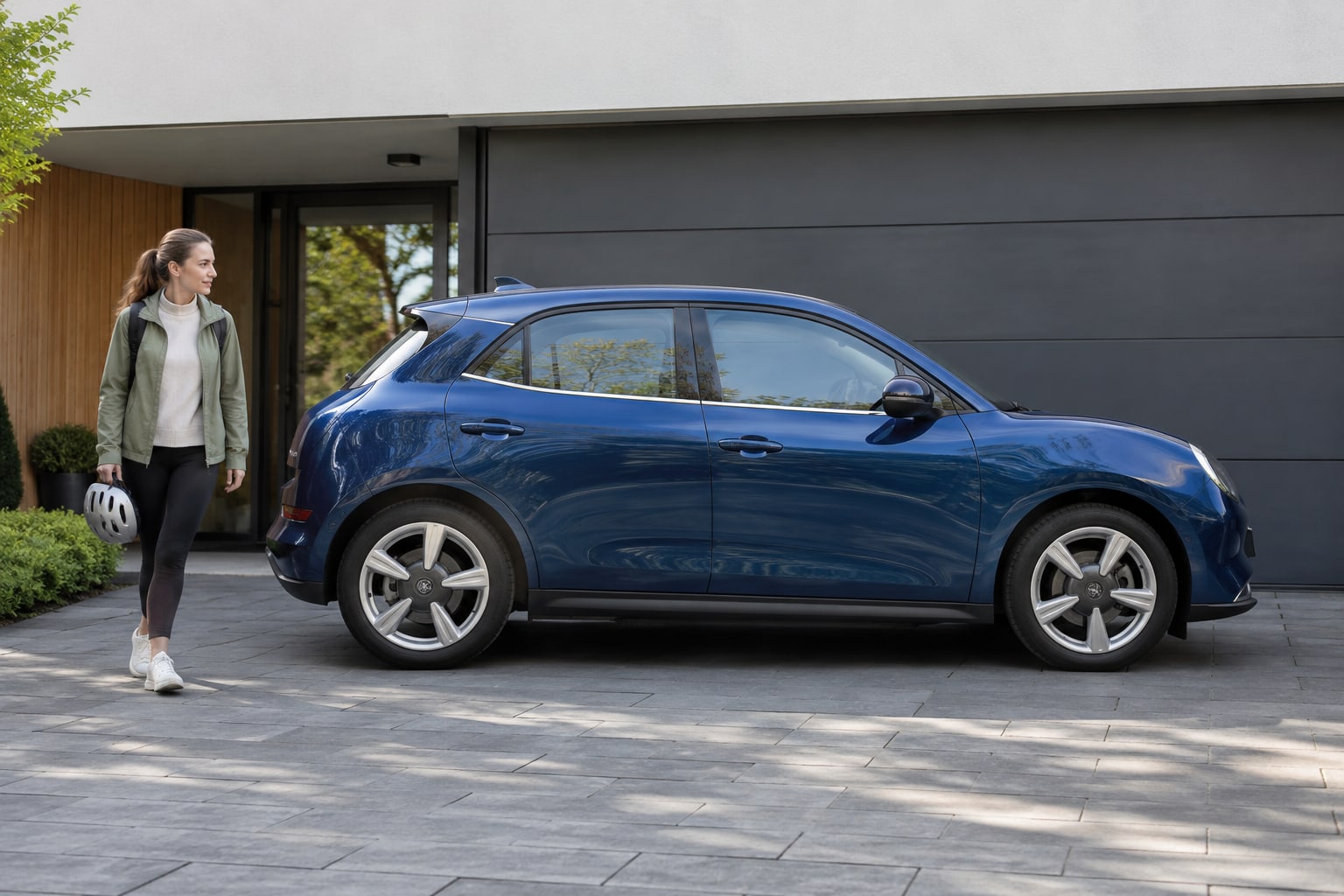 GWM Kfz-Versicherung: ORA und WEY mit eigener Antriebs- und Typzuordnung im Vergleich berücksichtigen. GWM Autoversicherung: Blauer kompakter Schrägheckwagen vor einem Wohnhaus