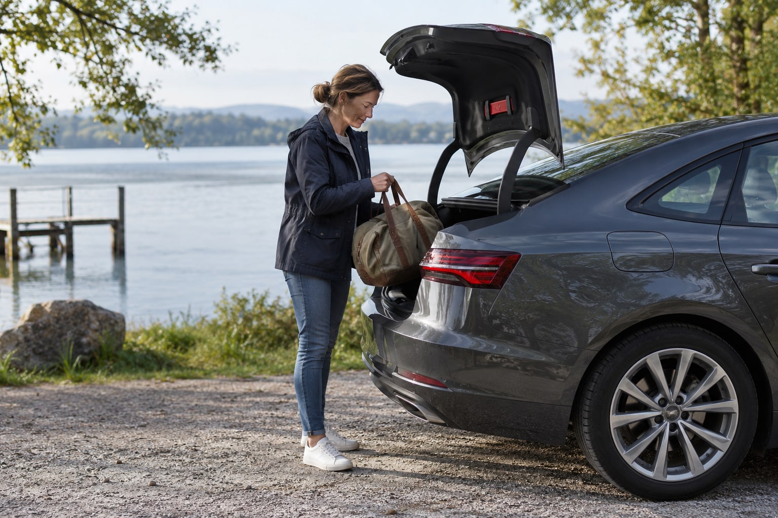 Hamburg-Mannheimer Kfz-Altvertrag: Frau hebt eine Reisetasche in den Kofferraum einer grauen Limousine am Seeufer