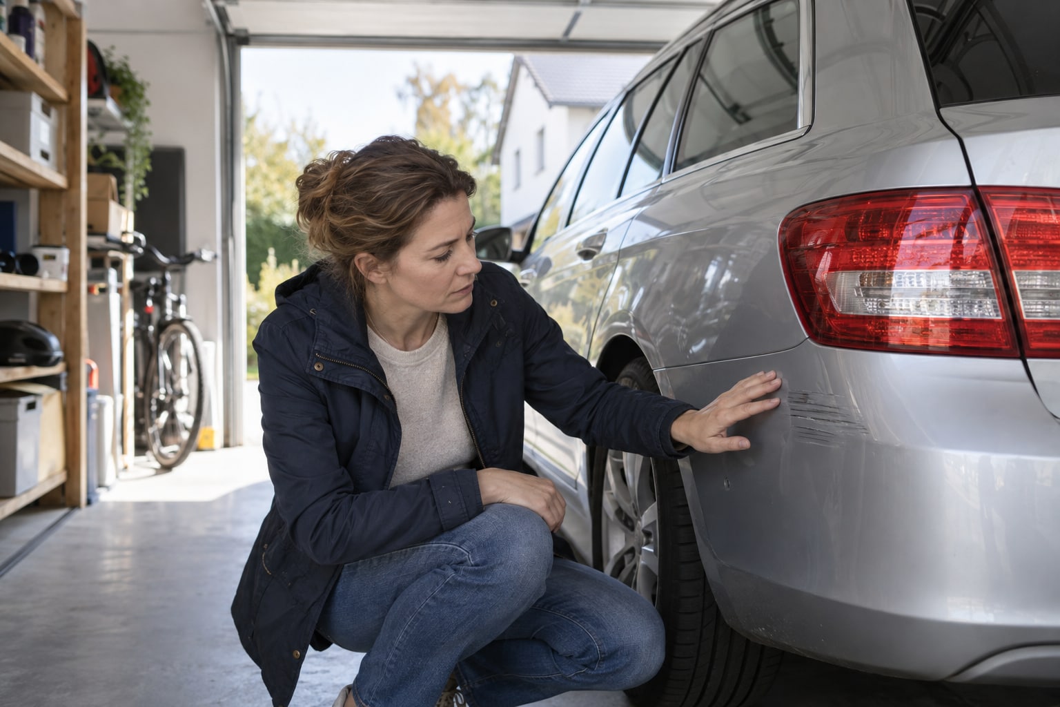Frau prüft die hintere Seitenwand eines silbernen Kombis in einer Garage