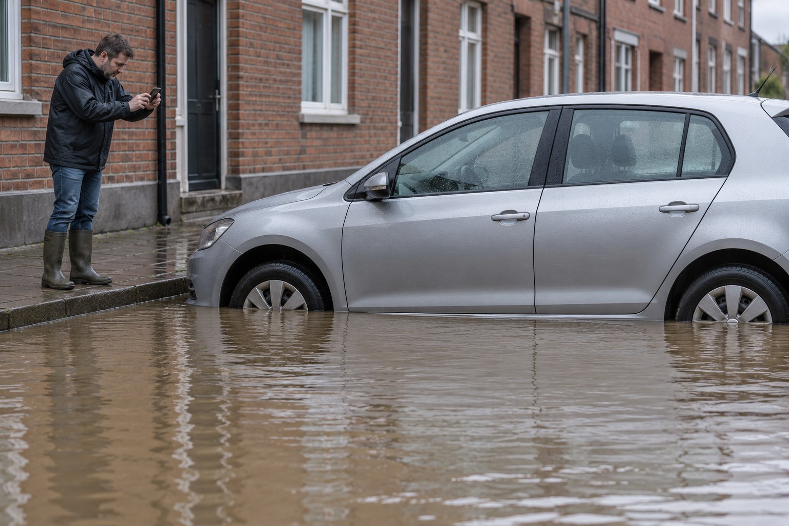 Mann fotografiert einen silbernen Pkw im Hochwasser von einem erhöhten Gehweg aus