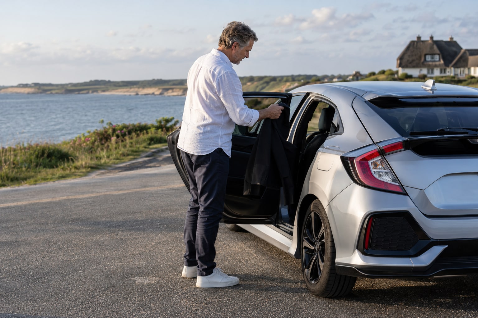 Honda Autoversicherung: Autofahrer nimmt eine Jacke aus einem silbernen Kompaktwagen an der Küste