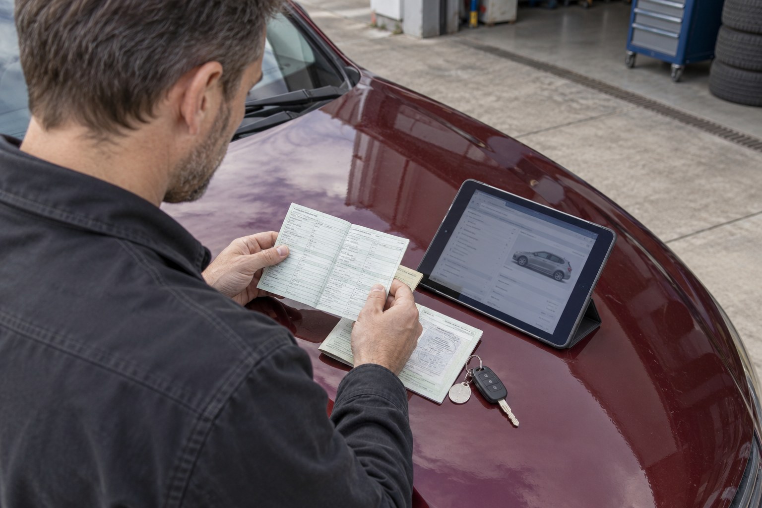 HSN und TSN für die Fahrzeugauswahl finden HSN und TSN für die Kfz-Versicherung: Mann vergleicht Fahrzeugpapiere mit einem Tablet auf einer roten Motorhaube