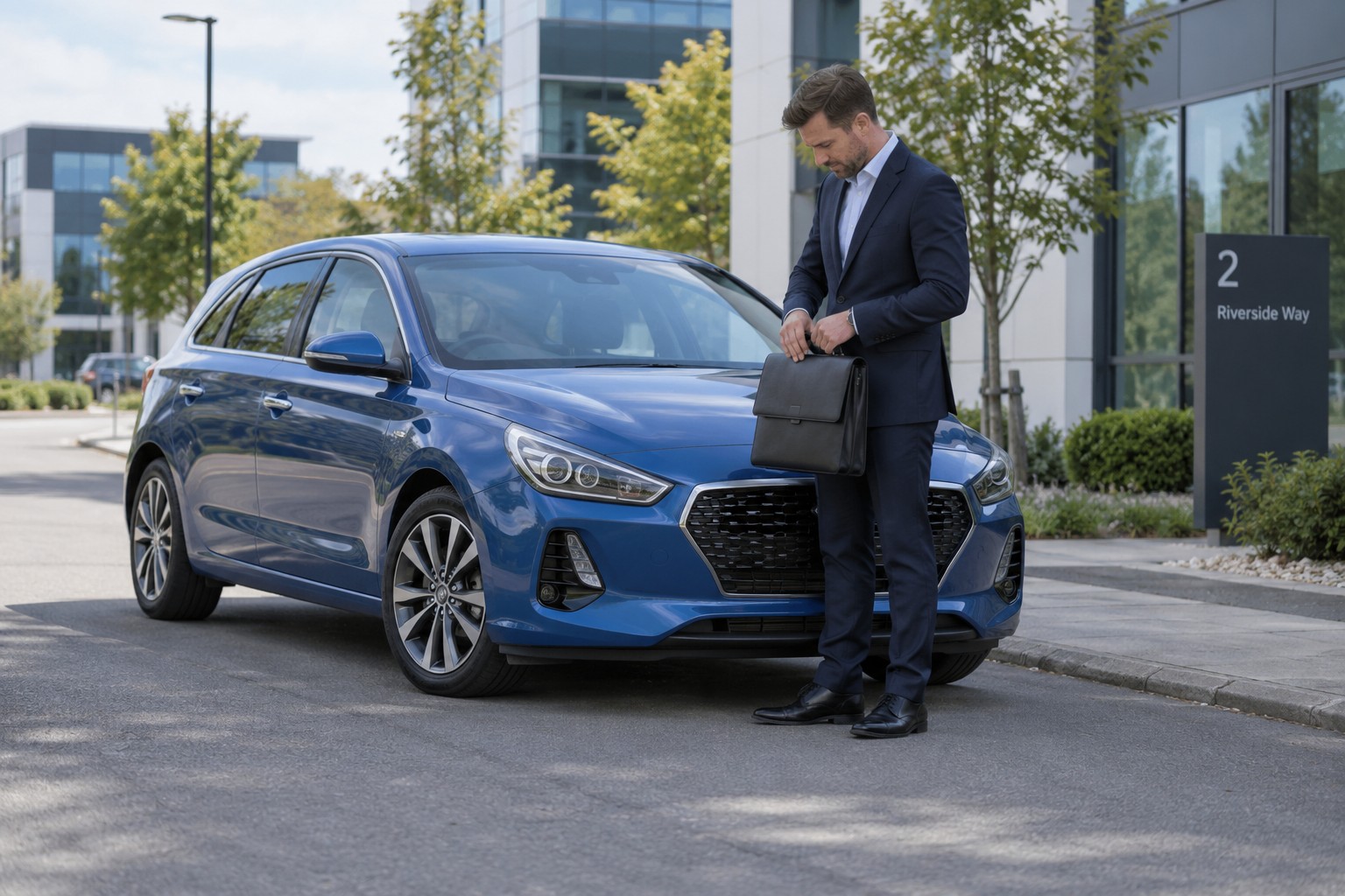 I30-Hatchback und Kombi werden nach der Karosserie berechnet. Blauer Hyundai i30 an einem Bürostandort; ein Mann schließt seine Aktentasche