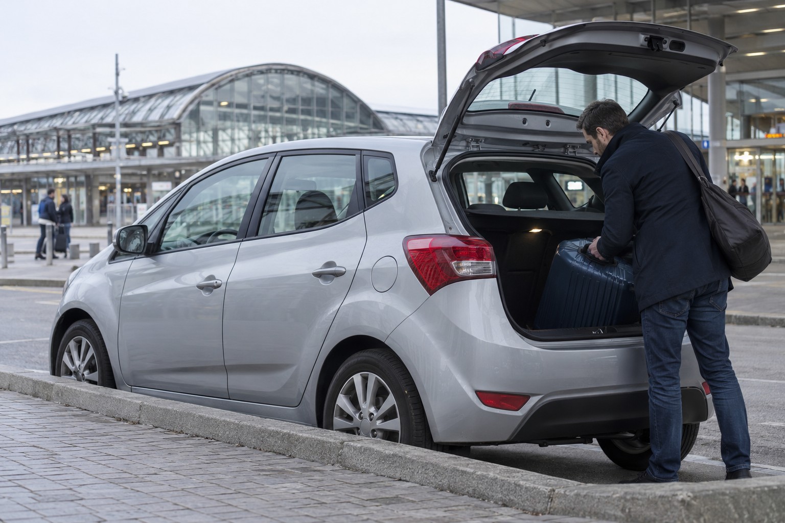 Hyundai ix20: Der ix20 bleibt ein eigener Hochdach-Kleinwagen; eine i20-Einstufung lässt sich nicht aus dem Namen ableiten. Silberner Hyundai ix20 am Bahnhof mit geöffnetem Kofferraum und Reisekoffer
