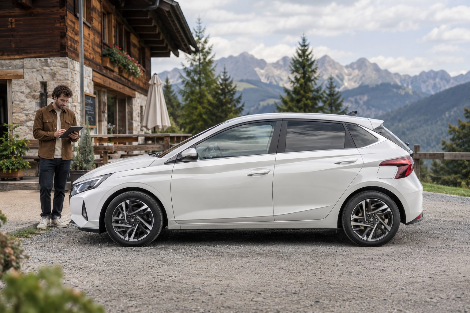 Hyundai Kfz-Versicherung: Stadtwagen, Hybrid und Elektro mit eigener Typ- und Ausstattungszuordnung vergleichen. Weißer Kompaktwagen vor einem Berggasthaus: Hyundai Kfz-Versicherung individuell vergleichen