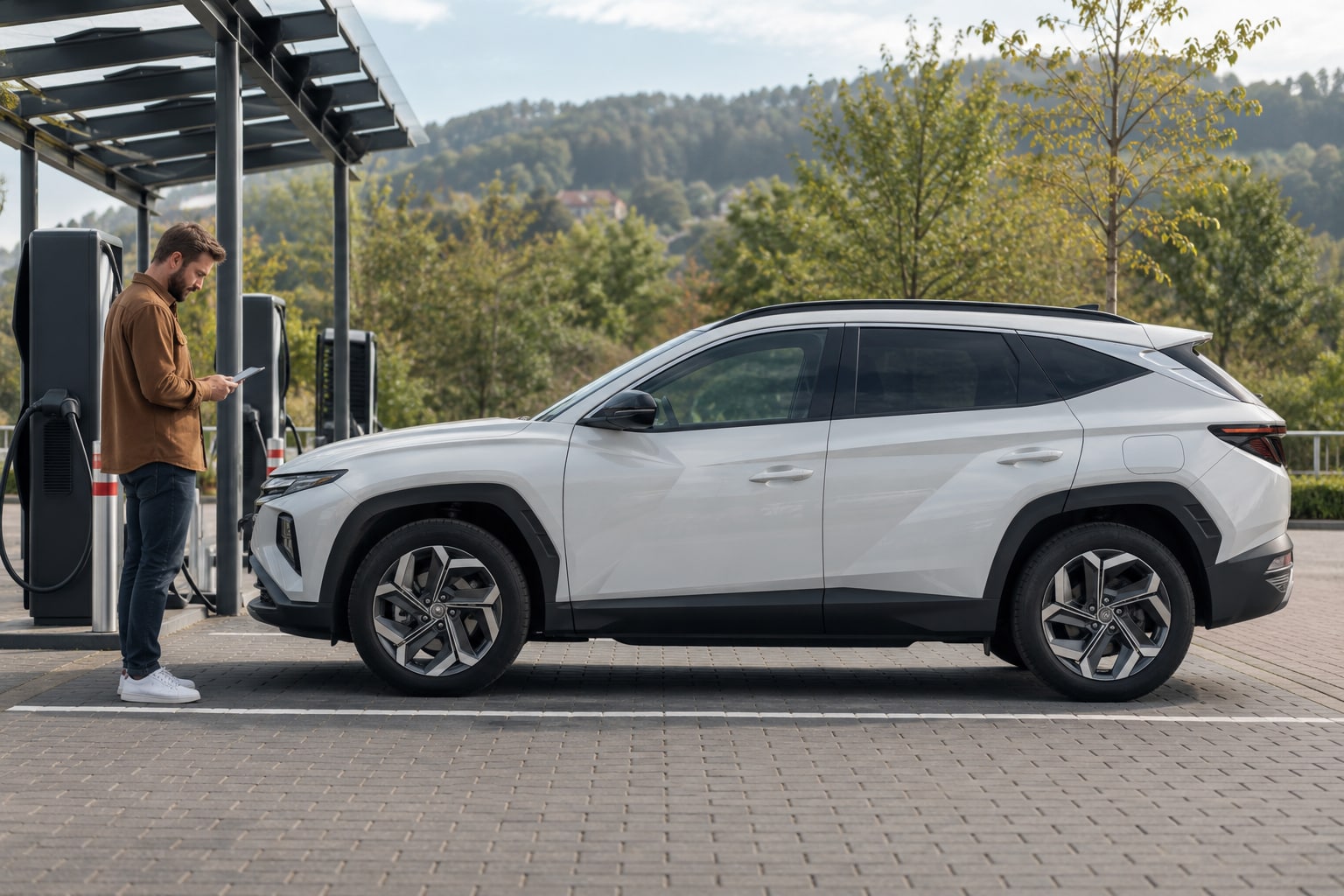 Hyundai Tucson Kfz-Versicherung: Elektrifizierungsstufe und SUV-Ausstattung richtig erfassen. Weißer SUV vor einer Werkstatt: Hyundai Tucson Kfz-Versicherung mit genauer Antriebswahl