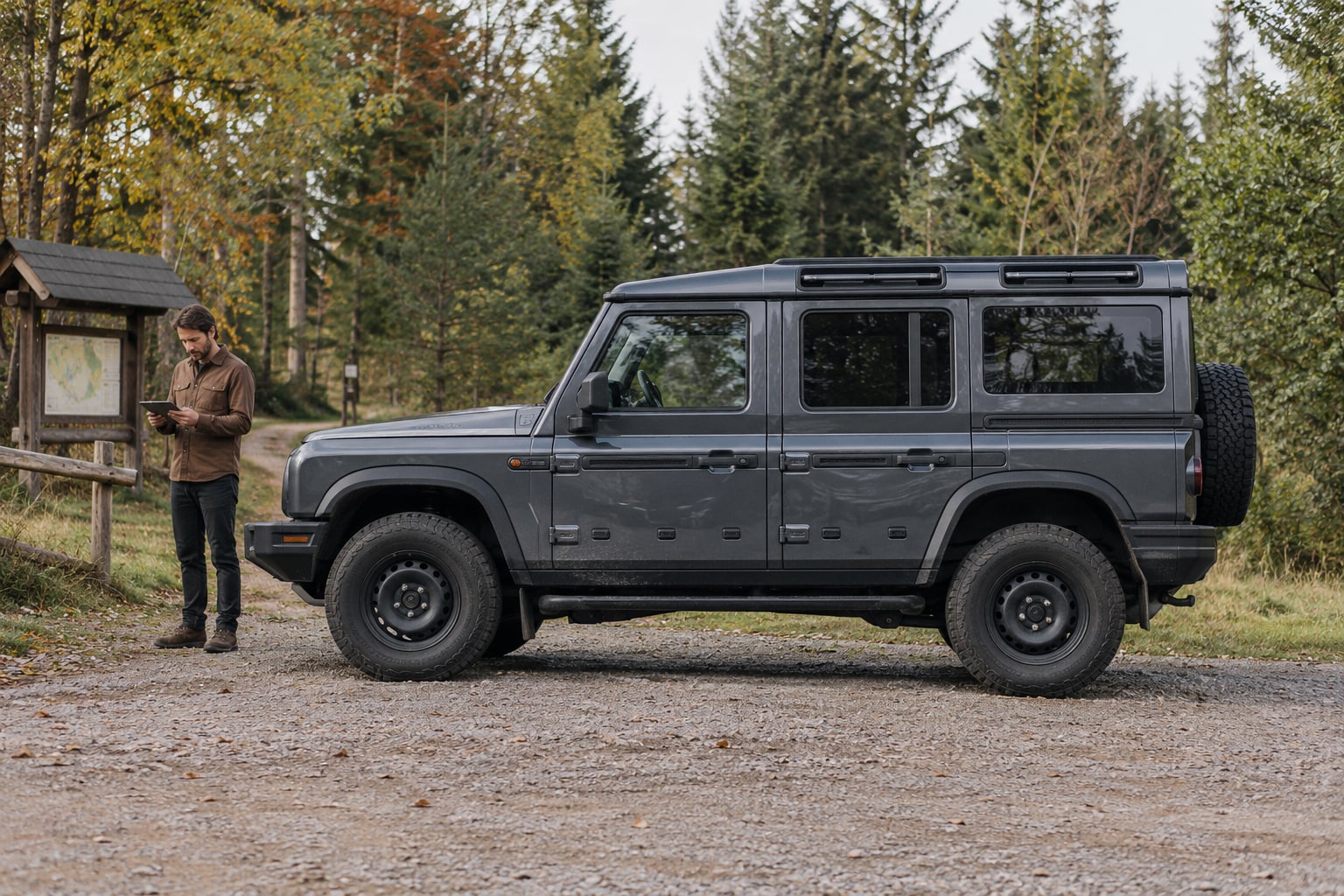 Ineos Grenadier Autoversicherung: Station Wagon, Utility und zusätzliche Geländeausrüstung korrekt zuordnen. Grauer kantiger Geländewagen auf einem Waldweg: Ineos Grenadier Autoversicherung für den Station Wagon