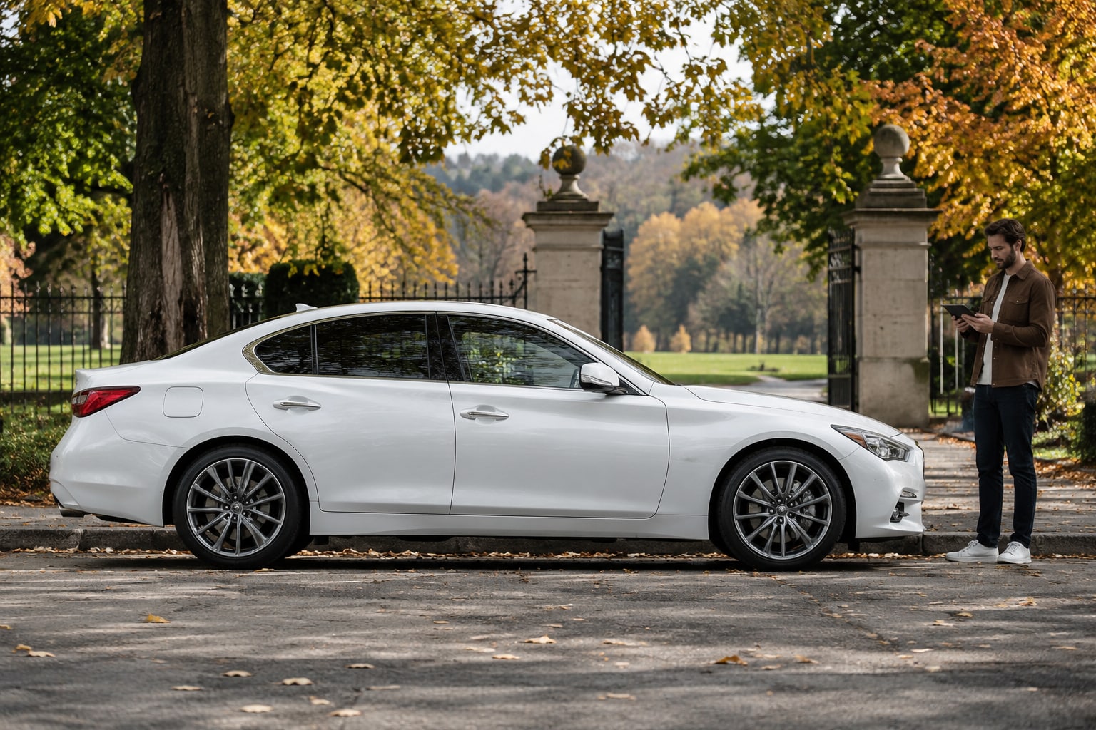 Infiniti Q50 Kfz-Versicherung: Limousinenvarianten und ihren eigenen Gebrauchtwagenwert berücksichtigen. Weiße Limousine im herbstlichen Park: Infiniti Q50 Autoversicherung