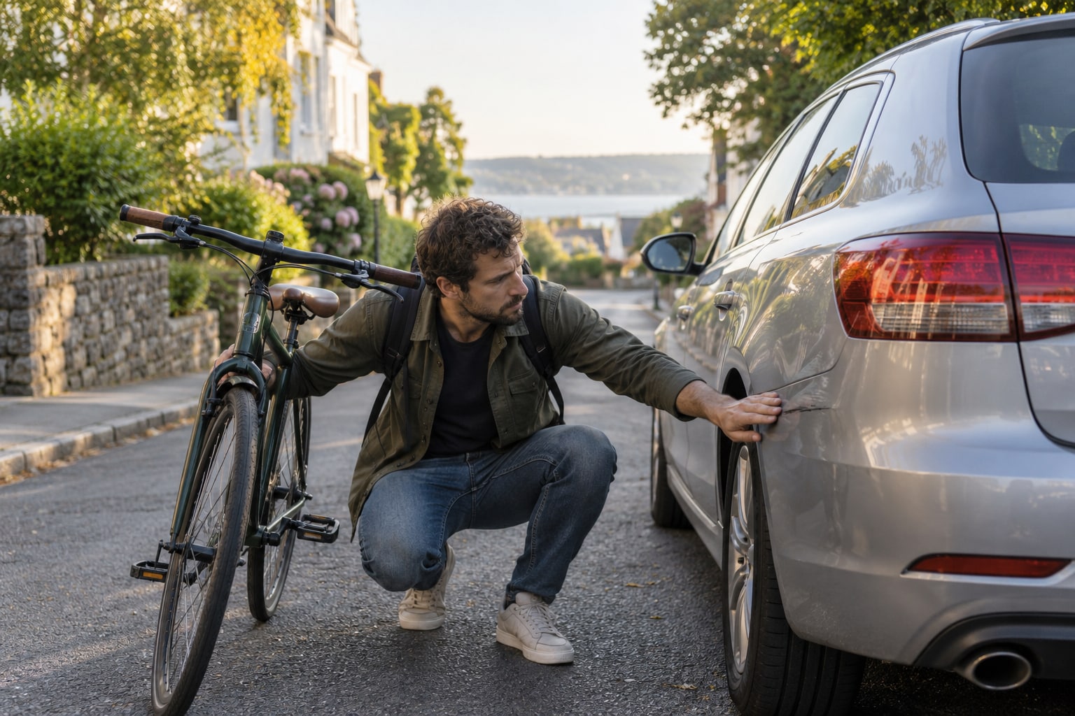 INTER und Kfz-Schäden: Radfahrer betrachtet einen Kratzer an einem silbernen Auto