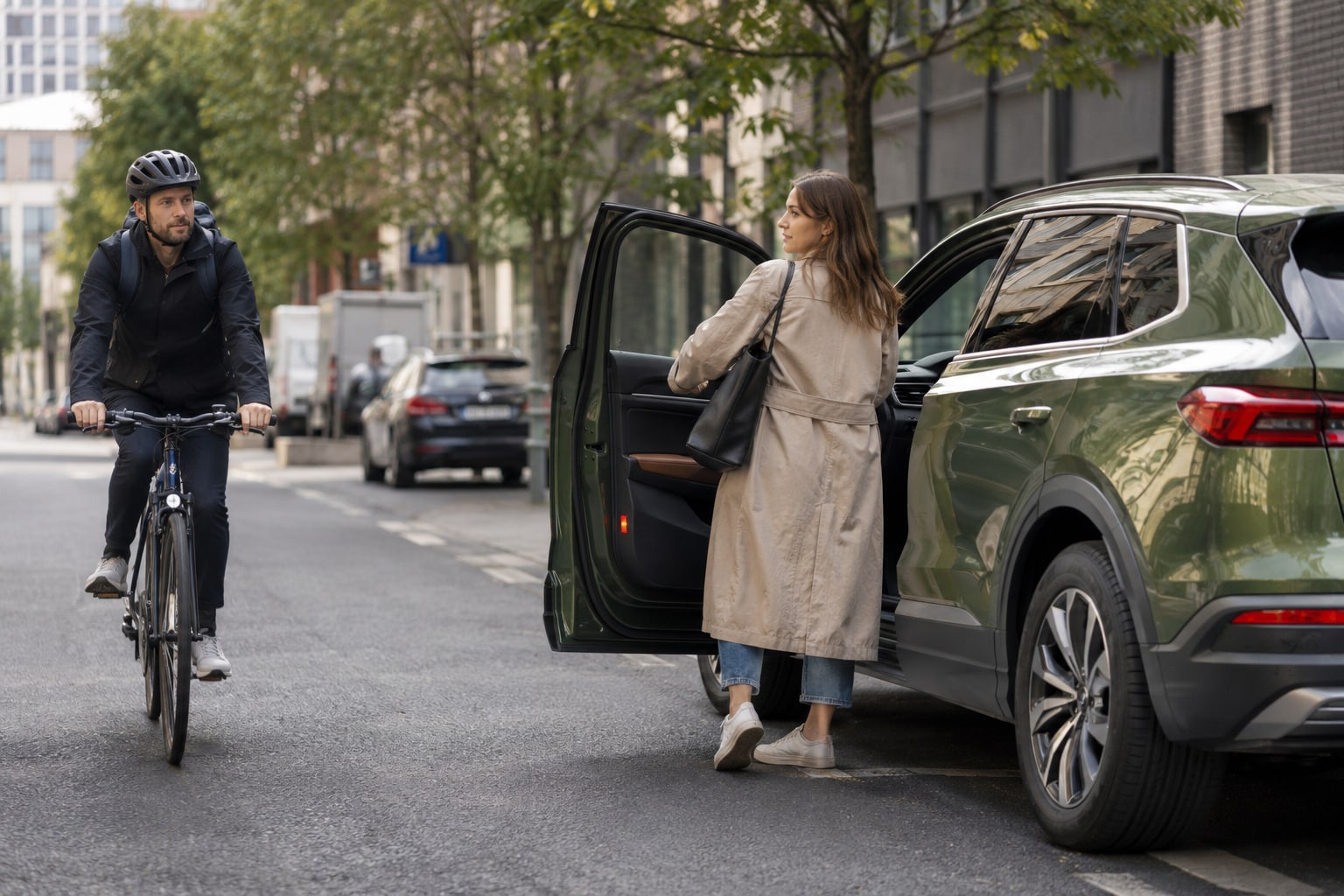 InterRisk Privathaftpflicht und Autotür: Mitfahrerin öffnet die Tür eines grünen Autos, während ein Radfahrer vorbeifährt