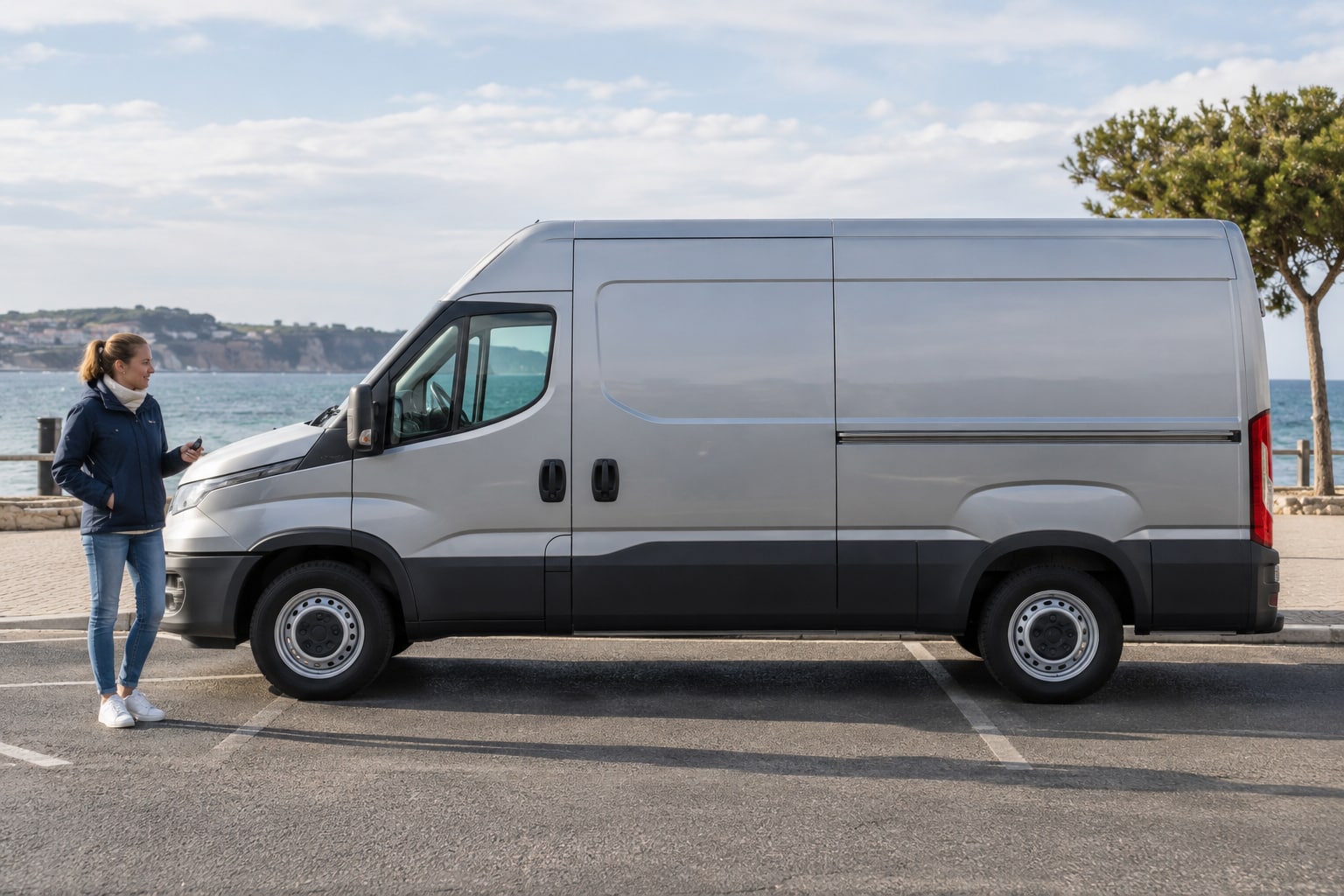 Iveco Daily Versicherung: Kastenwagen, Fahrgestell und späteren Ausbau korrekt zuordnen. Silberner Kastenwagen am See: Iveco Daily Autoversicherung