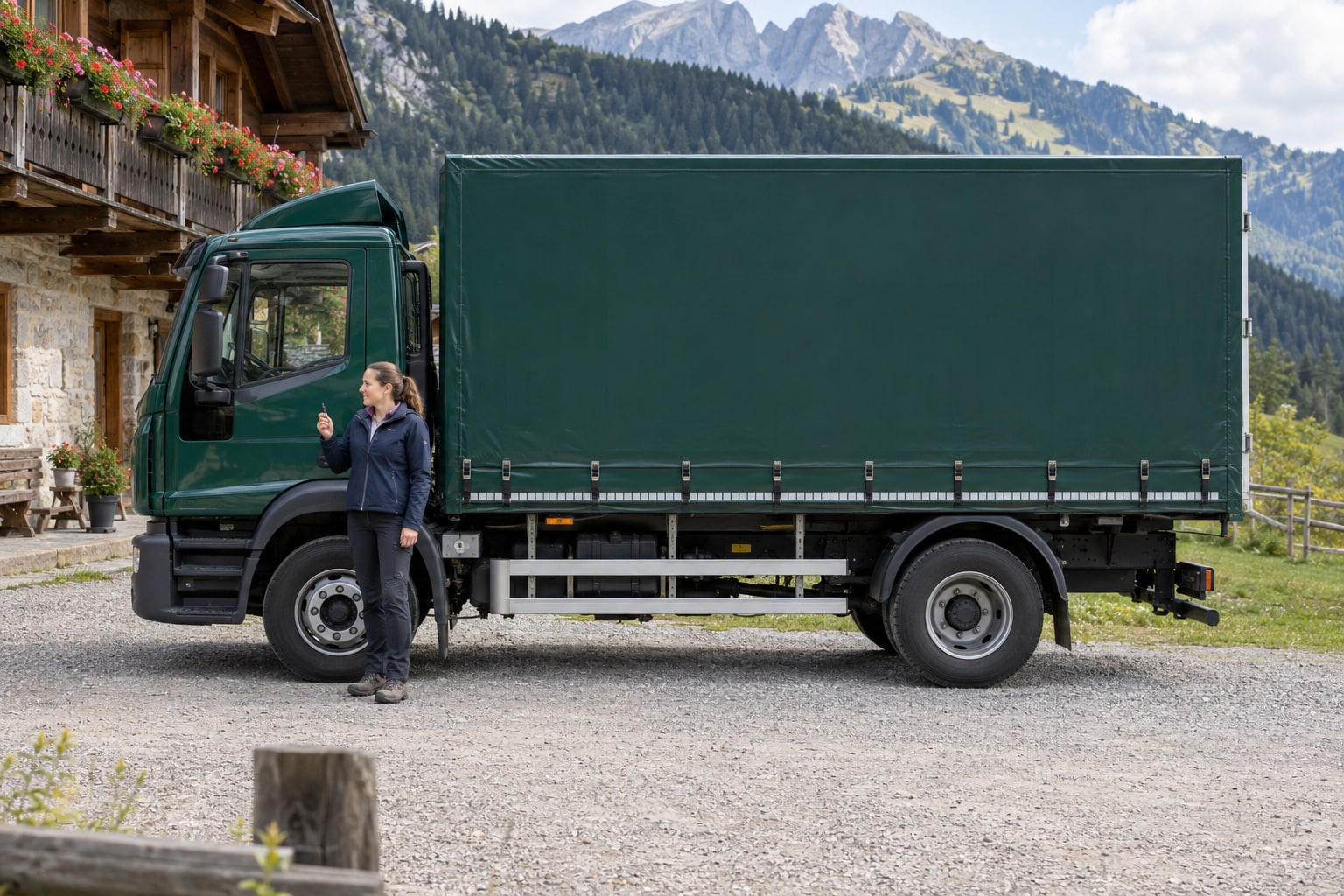 Iveco Eurocargo Versicherung: Verteilerverkehr, montierten Aufbau und Transportgut getrennt absichern. Grüner Kofferlastwagen vor einem Bergchalet: Iveco Eurocargo Kfz-Versicherung
