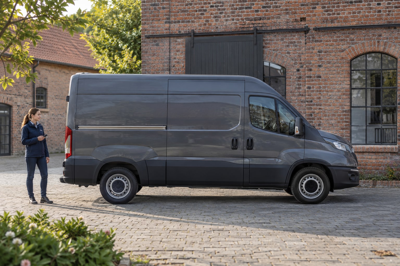Iveco Nutzfahrzeugversicherung: Grauer hoher Transporter an einer Lagerhalle
