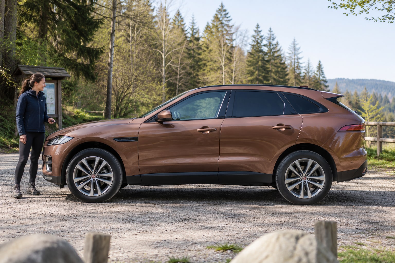 Jaguar F-Pace Autoversicherung: SUV-Variante, Antrieb und Kaskowert passend zuordnen. Brauner SUV an einem Waldweg: Jaguar F-Pace Autoversicherung