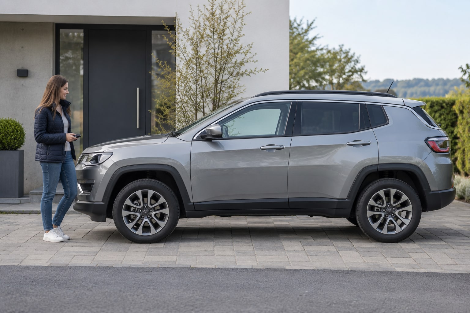 Silberner SUV vor einem Wohnhaus: Jeep Compass Kfz-Versicherung