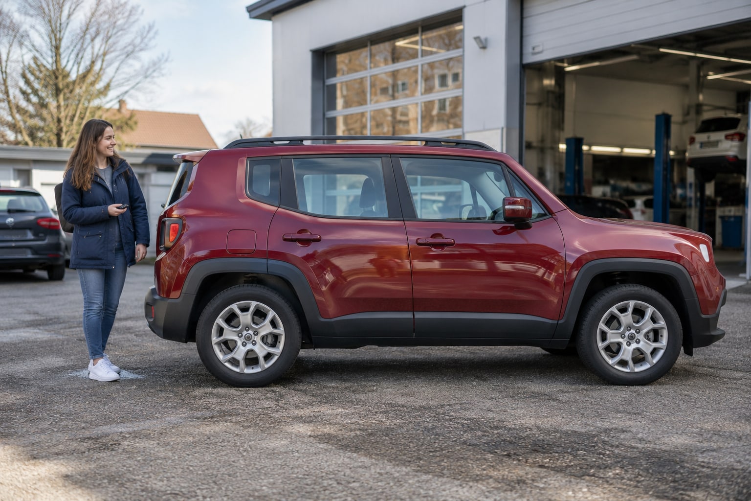 Jeep Autoversicherung: Roter kompakter Geländewagen vor einer Halle