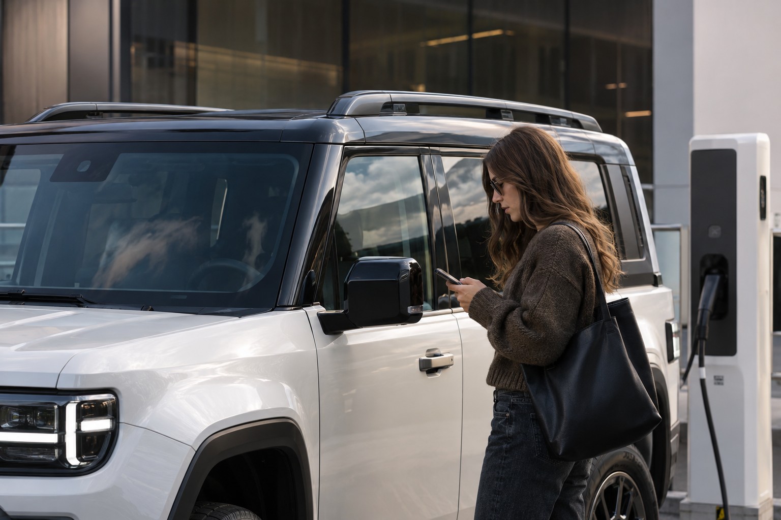 Jeep Recon Autoversicherung: Recon-Türen: montierte Fahrzeugteile und Aufbewahrung Frau mit Smartphone neben einem weißen Jeep Recon an einer Ladestation