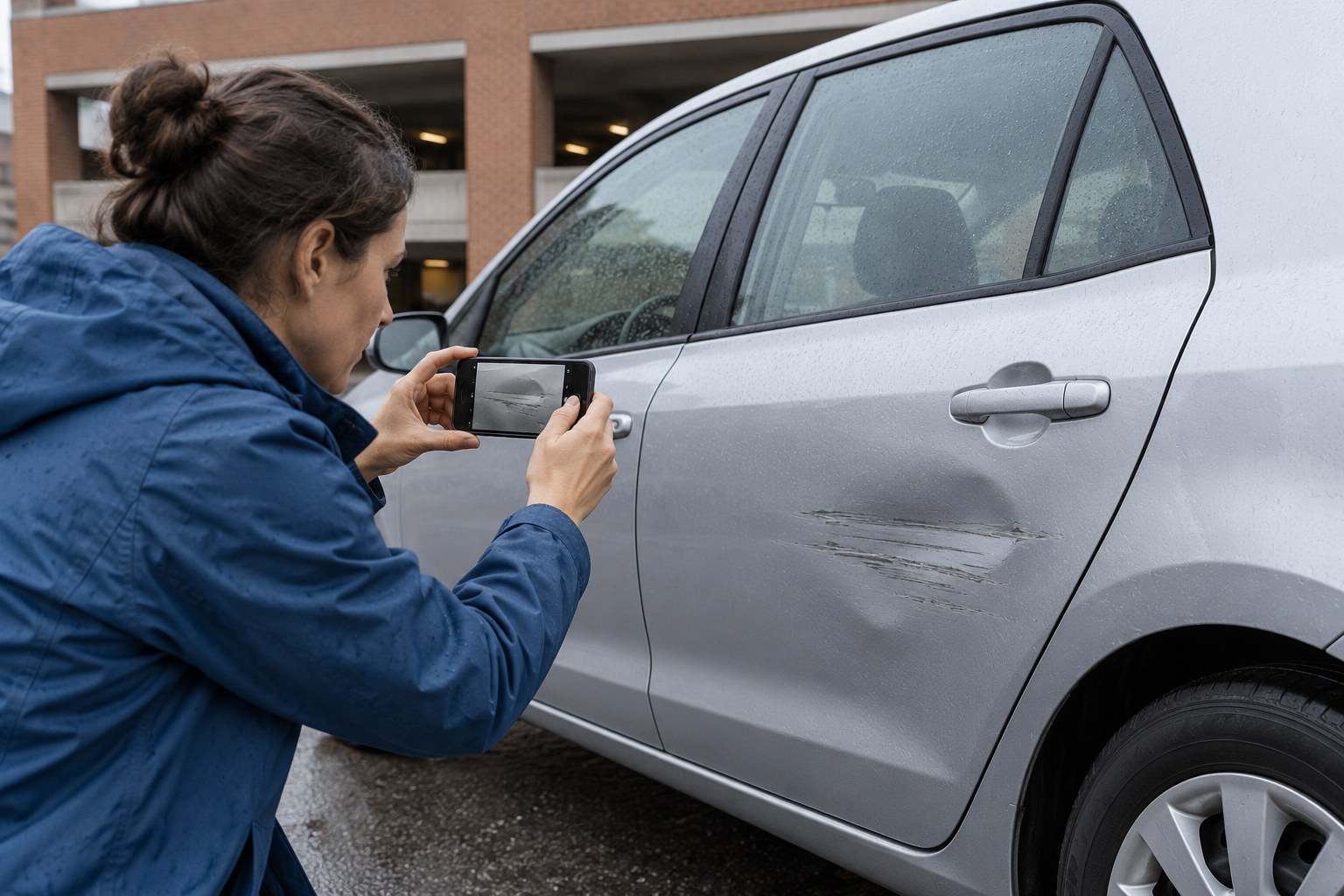 Fahrzeugschaden für Kfz-Versicherung und Ersatzansprüche dokumentieren Unfallschaden dokumentieren: Frau fotografiert Kratzer und Delle an einer silbernen Autotür