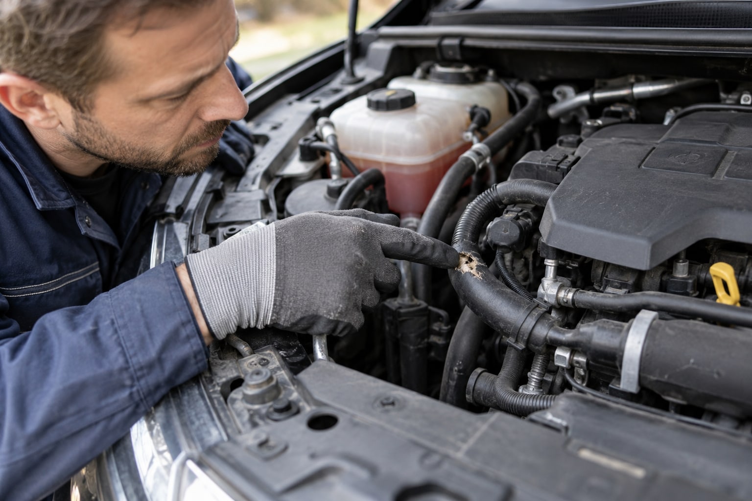 Ein beschädigter Schlauch und der dadurch verursachte Motorschaden sind getrennte Deckungsfragen. Behandschuhte Hände eines Mechanikers zeigen auf einen beschädigten Schlauch im Motorraum