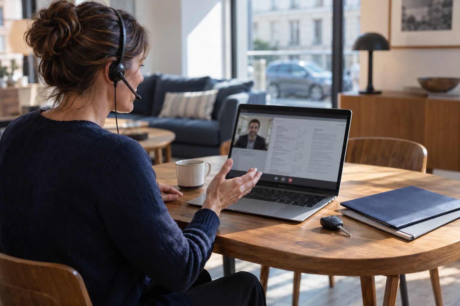 Kfz-Versicherung: Onlineabschluss und Beratung wählen Kfz-Versicherung online besprechen: Frau mit Headset am Laptop, daneben Autoschlüssel und Mappen