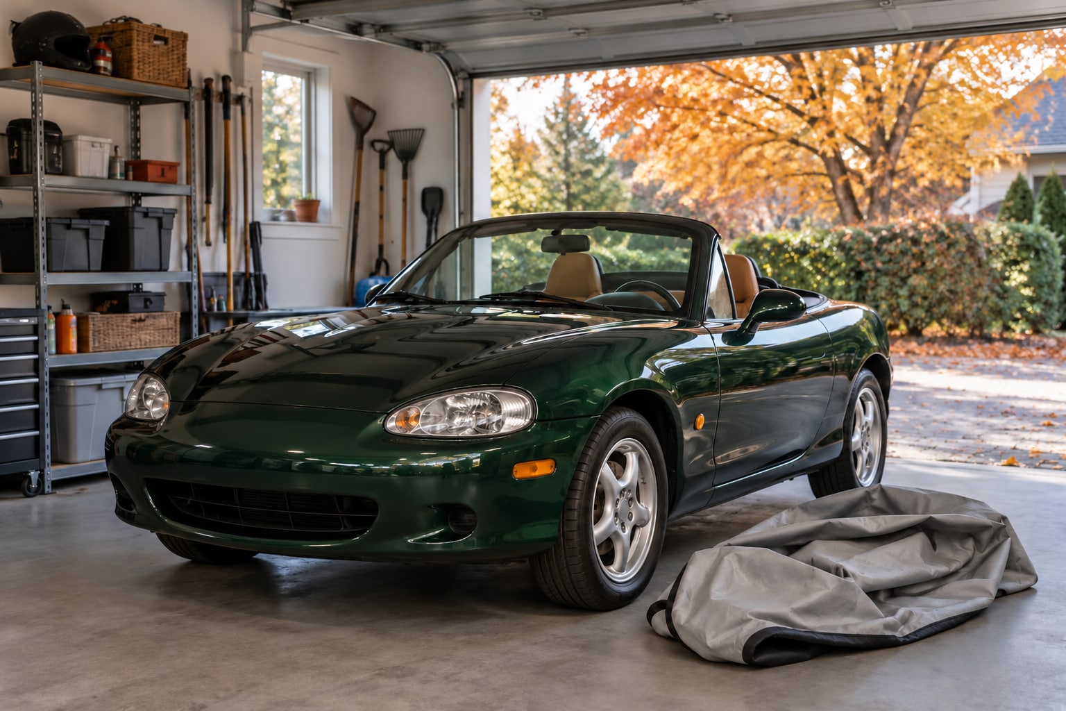 Grünes Cabriolet steht in einer privaten Garage mit Herbstlaub vor der Einfahrt