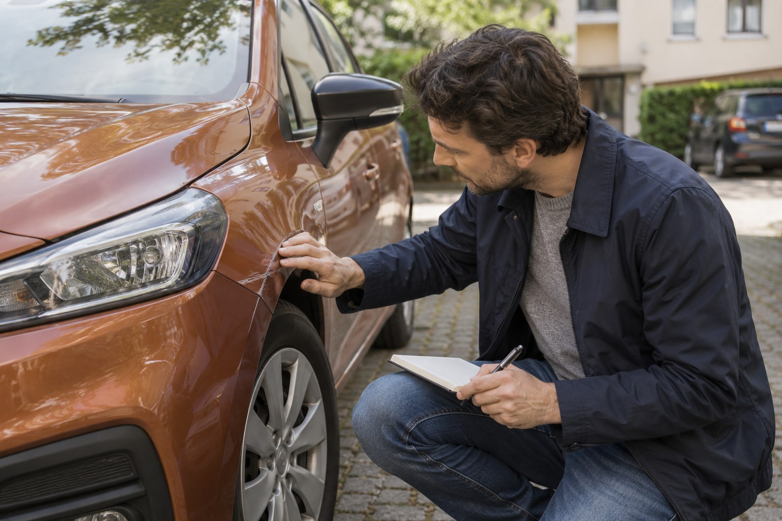 Die Selbstbeteiligung sollte nach einem Schaden ohne finanziellen Engpass bezahlbar sein. Mann mit Notizbuch betrachtet einen Kratzer am vorderen Kotflügel eines kupferfarbenen Autos