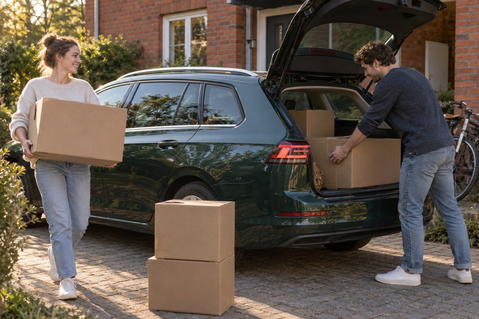 Kfz-Versicherung beim Umzug an die neue Nutzung anpassen Kfz-Versicherung beim Umzug: Frau trägt einen Karton, während ein Mann weitere Kartons in den geöffneten Kofferraum eines grünen Kombis lädt