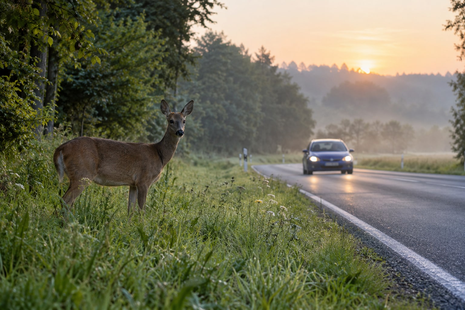 Wildunfall und versicherte Tierkollisionen in der Teilkasko Reh steht am bewachsenen Rand einer Waldstraße, ein blaues Auto nähert sich in der Ferne