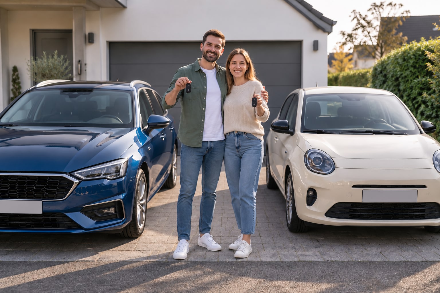 Für zwei Autos brauchen Sie zwei passende Verträge mit korrekt angegebenen Fahrern. Blauer Kombi und heller Kleinwagen stehen nebeneinander auf einer Hauseinfahrt