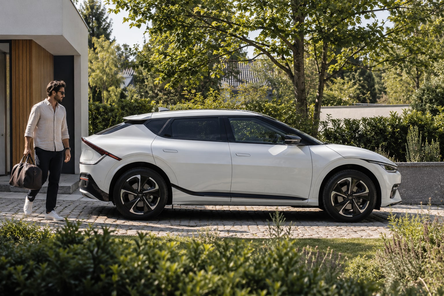 Kia EV6 Autoversicherung: elektrische Variante, Batterie und Antrieb korrekt dem Tarif zuordnen. Weißer Elektro-Crossover vor einem Garten: Kia EV6 Autoversicherung