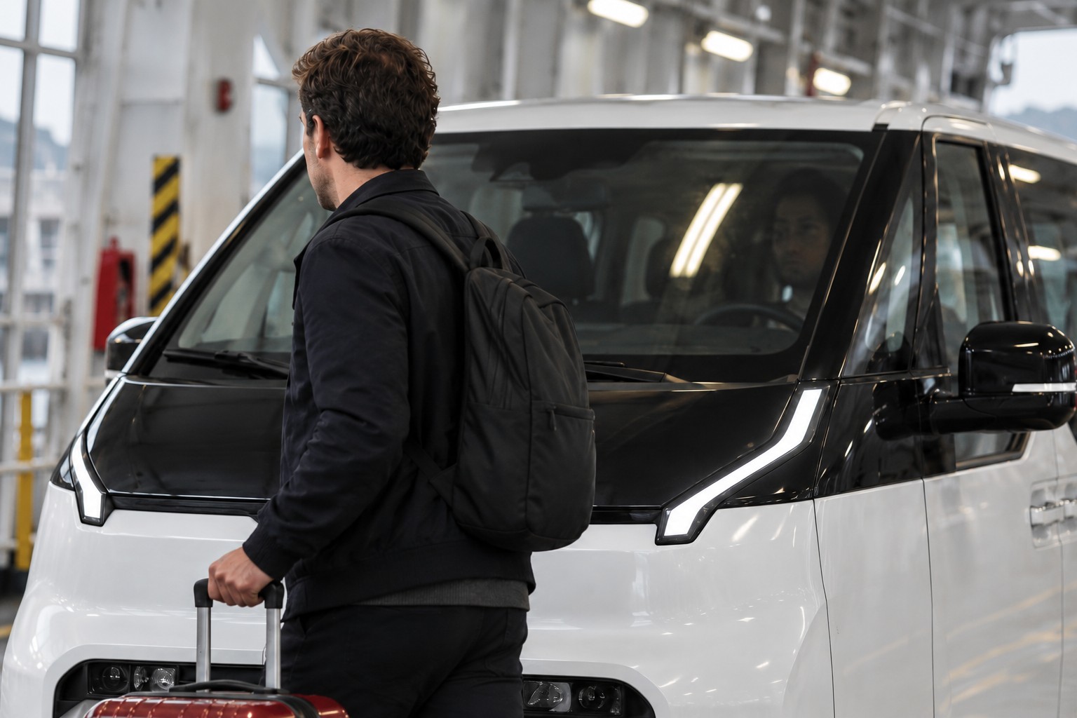 Kia PV5 Autoversicherung: PV5-Passenger-Kasko bei Schäden an Schiebetüren Mann mit Rucksack und rotem Reisekoffer vor einem Kia PV5 Passenger auf einer Fähre