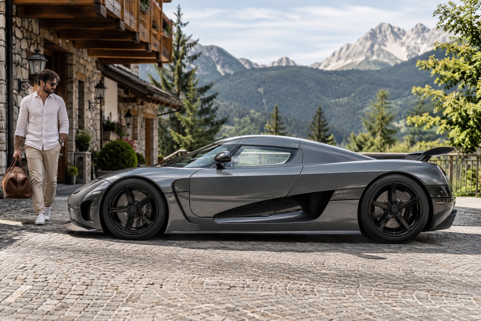 Grauer Sportwagen vor einem Bergchalet: Koenigsegg Agera Kfz-Versicherung