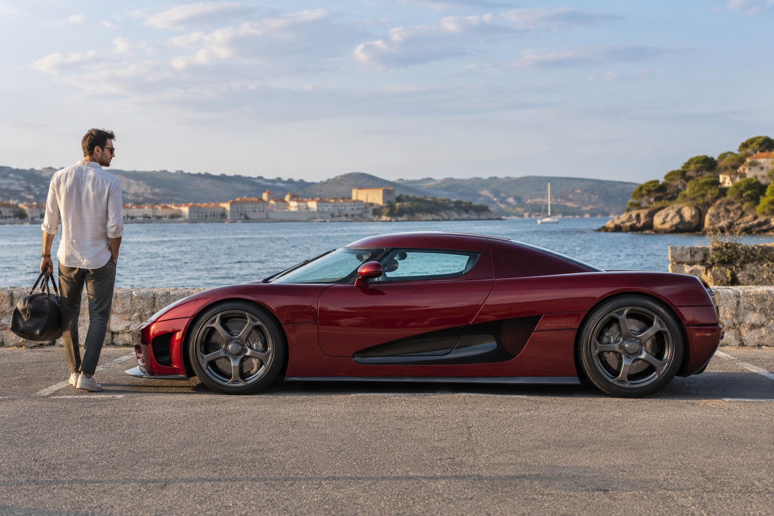 Koenigsegg CCX Autoversicherung: Kleinserienausführung und besondere Teile dem Fahrzeug zuordnen. Roter Supersportwagen an der Küste: Koenigsegg CCX Autoversicherung