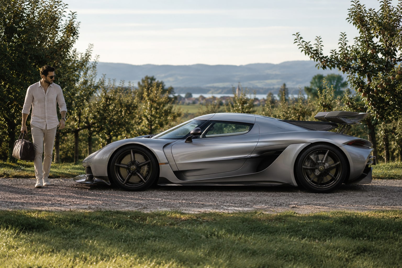 Koenigsegg Jesko Autoversicherung: Attack und Absolut sowie ihre besonderen Fahrzeugwerte getrennt erfassen. Koenigsegg Jesko: graues flaches Coupé vor einem Garten