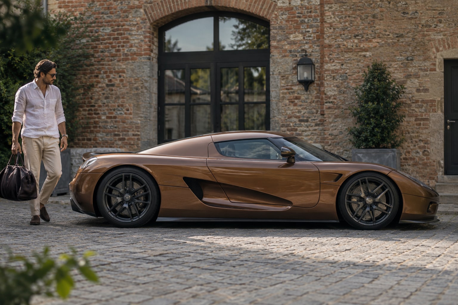 Koenigsegg Kfz-Versicherung: seltene Ausführung, Einzelwert und besondere Reparaturanforderungen berücksichtigen. Koenigsegg Autoversicherung: Bronzefarbener Supersportwagen im Innenhof